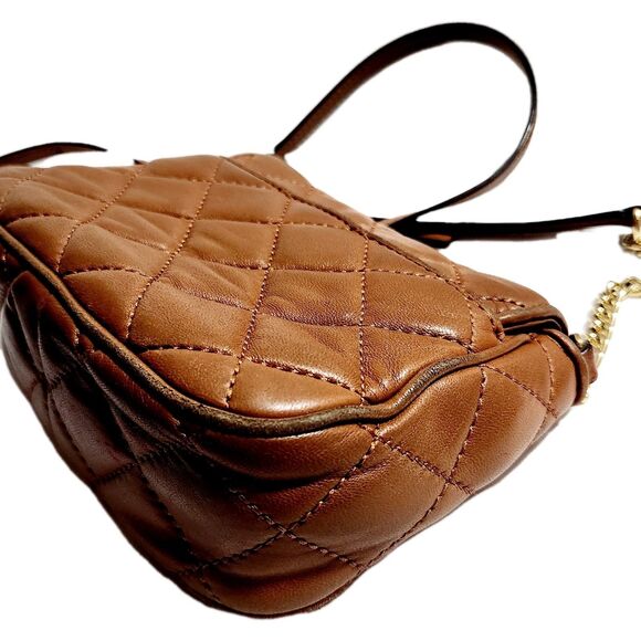 Michael Kors MK Small Chain Fulton Quilted Brown Leather Crossbody Bag Purse - Picture 3 of 12